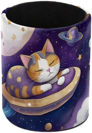 Leather Pen Holder for Desk, Planet Cat Pencil Cup Pen Organizer Makeup Brush Holder for Office Home Kids Countertop Desk Accessory Storage