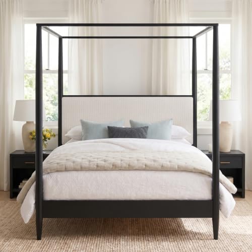 Queen 4-Poster Wood Canopy Bed with Boucle Headboard, Black