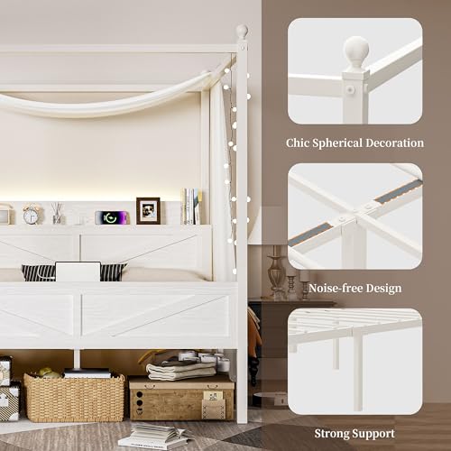 Queen Size Canopy Bed Frame with Barn Door Storage Headboard, Beige