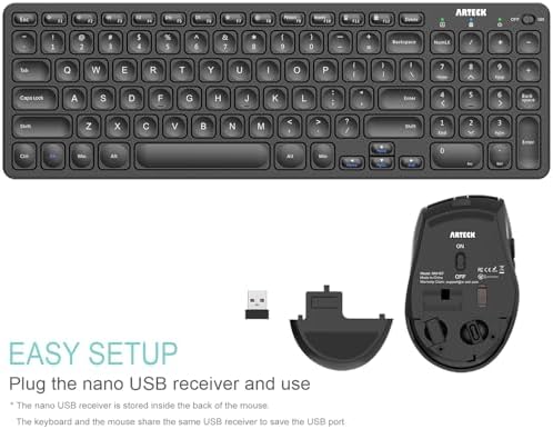 Arteck 2.4G USB Wireless Keyboard and Mouse Combo Ultra Slim Compact Keyboard and Ergonomic Mouse for Computer Desktop PC Laptop and Windows 11/10/8/7 Build in USB-C Rechargeable Battery