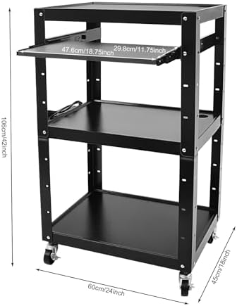 AV Cart on Wheels, Rolling Standing Desk Stand up Desk Rolling Presentation and Media Cart Height Adjustable Top Shelf Pullout Keyboard Tray Cable Hole Design 66lbs Load Capacity Each Layer