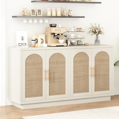 59" Rattan Sideboard Buffet Cabinet with Storage, 4 Arched Doors