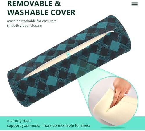 Round Cervical Roll Bolster Pillow Sleep Neck Roll Pillow Round Pillow Throw Memory Foam Cylinder Lumbar Support for Bed Argyle Plaid Darkturquoise