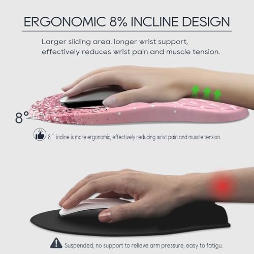 HunDun Pink Ergonomic Mouse Pad Wrist Support with Memory Foam&Non-Slip Pu Base Cushion Massage Bump，Cute Mousepads with Wrist Rest for Carpal Tunnel Pain Relief,Office Deco