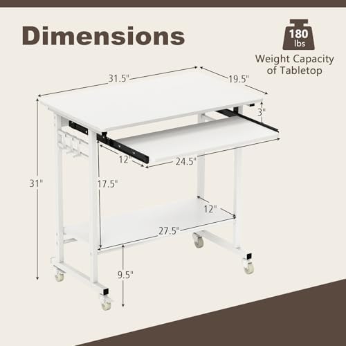 Tangkula Rolling Computer Desk Cart with Keyboard Tray, Mobile Portable Laptop PC Desk with CPU Stand & 3 Hooks for Sofa & Bed, Compact Small Desk on Wheels for Small Spaces (White)