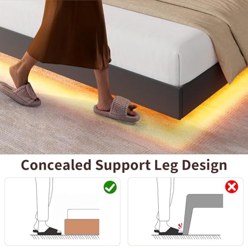 Queen Size Floating Bed Frame with Light and Charging Station, Black