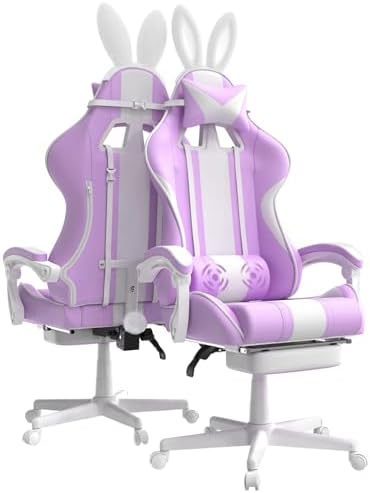 Ferghana Kawaii Light Purple Gaming Chair with Bunny Ears, Ergonomic Cute Gamer Chair with Footrest and Massage, Racing Reclining Leather Computer Game Chair 250lbs for Girls Adults Teens Kids