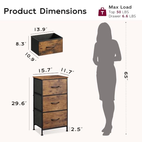 Small Dresser Nightstand for Bedroom, 3 Drawers, Rustic Brown
