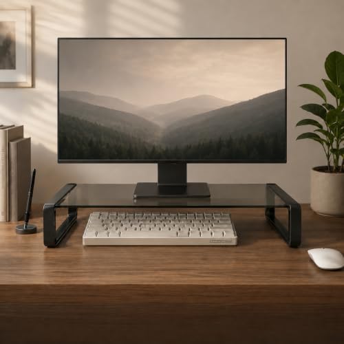 Monitor Stand Riser Smoke Gray Glass Top, Keyboard Storage