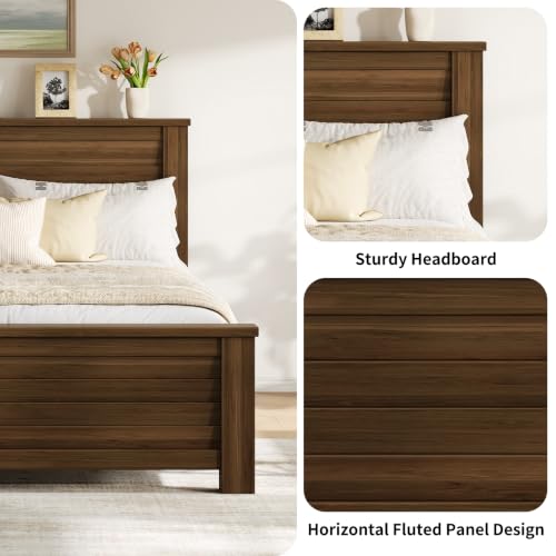 Wooden Platform Full Bed Frame with Charg3 Station, Thick Headboard, Brown