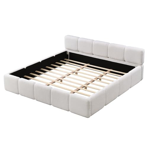 California King Boucle Platform Bed, Headboard and Footboard, White