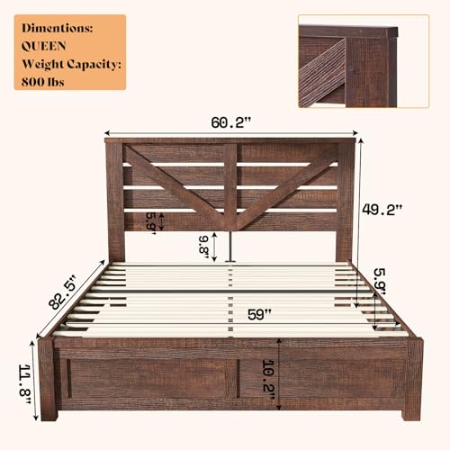 Farmhouse Queen Size Bed Frame with 49" Barn Door Headboard, Brown