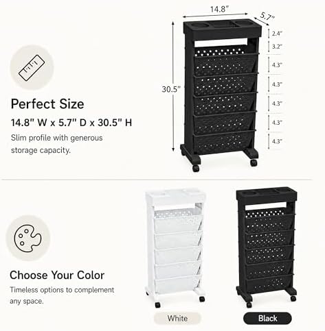 6-Tier Rolling Bookshelf Magazine Rack with Wheels Black