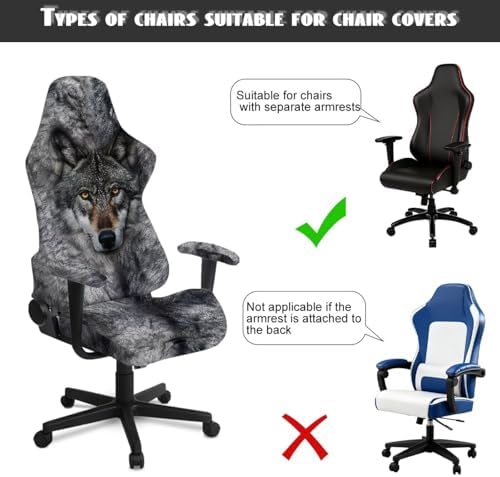 Wild Wolf Print Gaming Chair Cover with Armrest Cover Zipper Design Stretchable Universal Swivel Chair Protector Scratch Proof Washable Office Desk Chair Slipcover,4 Pcs