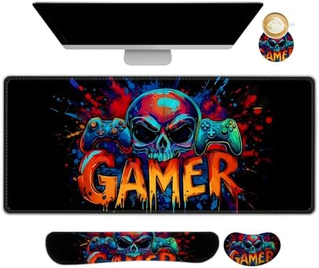 AIMSA Large Gaming Mouse Pad Set, Keyboard Wrist Rest Support + Extended Mouse Pad + Mouse Wrist Cushion + Coaster, Skull Gamer Ergonomic Memory Foam Multifunctional Desk Mat 35x15.7inch