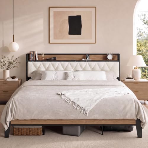 King Size Bed Frame with Headboard & Charging Station,Wood and Cream