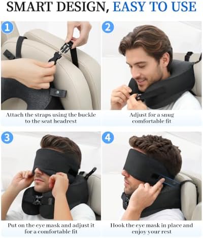 Travel Pillow for Long Flight Airplanes, Head Strap Combo & Eye Mask for Sleep, Airplane Neck Pillow with 360° Support Memory Foam to Prevent Head Bobbing, Road Trip Essentials, EVA Case, Black