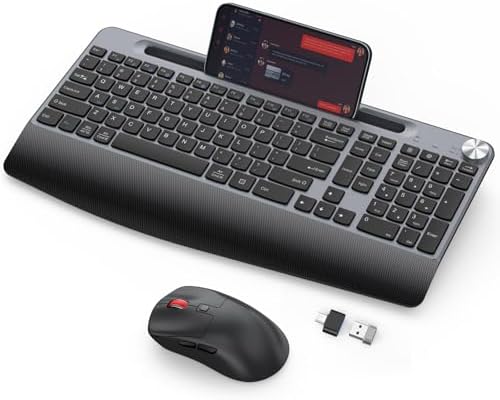 GAMCATZ Ergonomic Wireless Keyboard and Mouse with Wrist Rest，Phone Holder - 2.4GHz Full-Sized Low-Profile Quiet Wireless Mouse and Keyboard Combo for Computer, Laptop, PC, Mac-Black