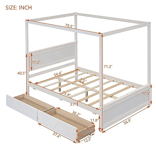 Full Size Canopy Platform Bed with 2 Drawers, Wooden Bed Frame with Support Slats, No Box Spring Needed, Brushed White