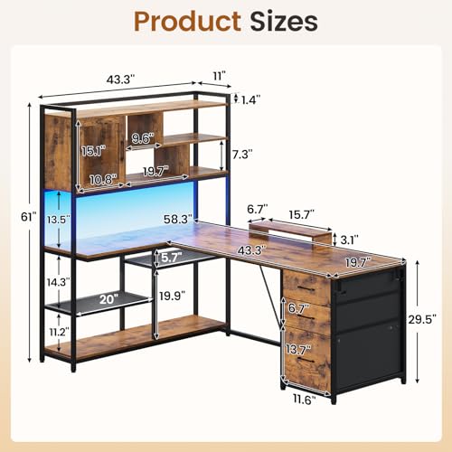 58'' L Shaped Computer Office Desk with 3 Drawers and Bookshelf