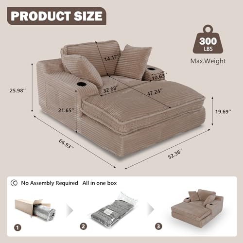 67" Oversized Chaise Lounge Chair Indoor, Soft Boneless Cloud Couch, Camel