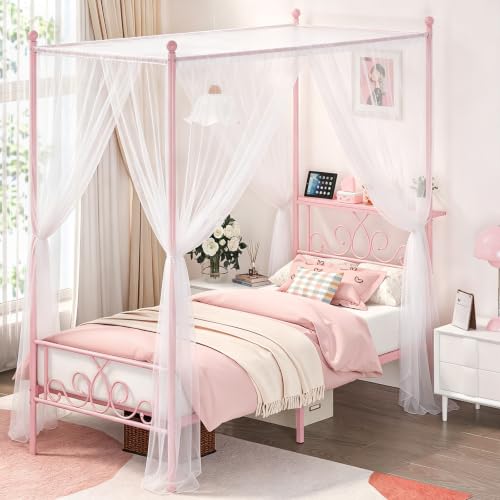Twin Metal Canopy Bed Frame with Storage Headboard, 4 Poster Bed, Pink