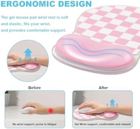 Pink Checkered Mouse Pad with Gel Wrist Rest Support - Ergonomic Mousepad