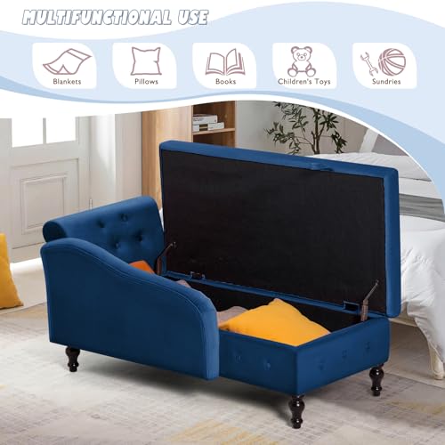 Velvet Chaise Lounge w/Right Armrest & Storage Space, Blue