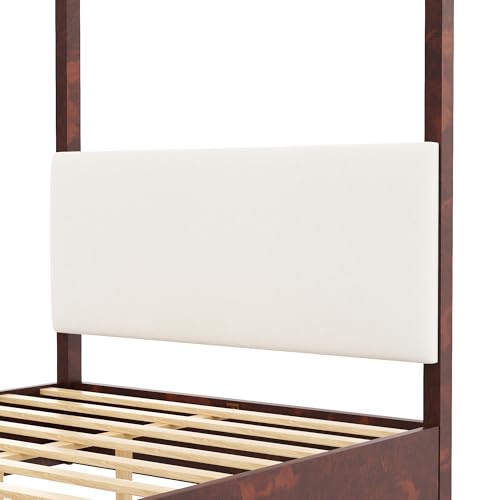 Queen Size Canopy Bed Frame with Upholstered Headboard,Solid Wood Floor Four Poster Platform Bed Frame with Slat Support,No Box Spring Needed,Easy Assembly,Espresso