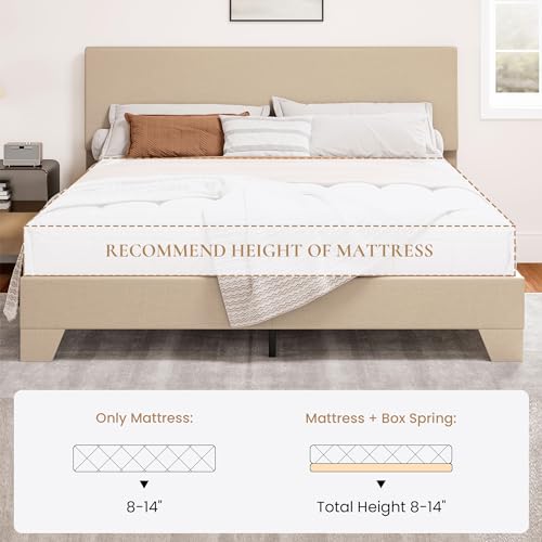 Linen Upholstered Queen Size Bed Frame with Headboard, Beige