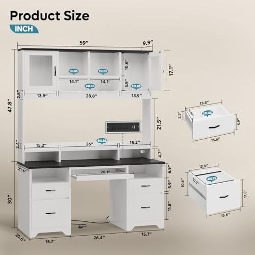 77.8" H Computer Desk with Hutch, Charging Station, LED Light,White