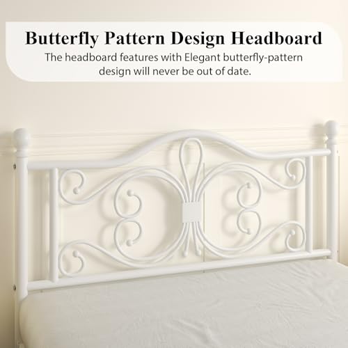 Full Size Bed Frame with Butterfly Pattern Design Headboard, White