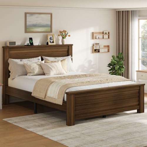Wooden Platform Full Bed Frame with Charg3 Station, Thick Headboard, Brown