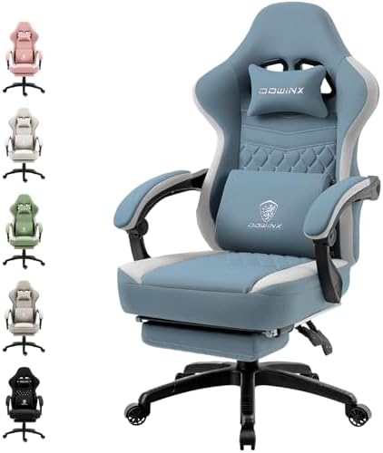 Dowinx Gaming Chair Breathable Fabric Game Chair with Gel Pad and Storage Bag, Comfortable Gamer Chair with Pocket Spring Cushion,Ergonomic Computer Chair with Footrest,Blue