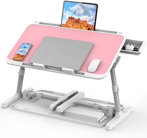HETTHI Laptop Bed Tray Table, Adjustable Sturdy Laptop Stand for Bed with Premium Materials, Folding Portable Lap Desk with Drawer for Writing Working Reading Eating Couch Floor (Pink, 22.04"×12.2")