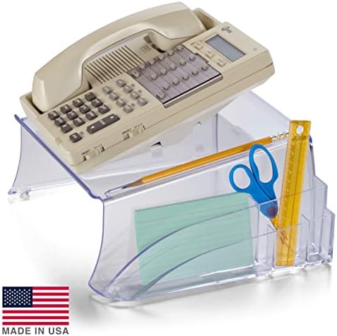 Officemate Telephone Stand - Laptop Stand and Desk Organizer with Storage Underneath, 3 Pen Compartments, 2 Accessory Holders, Non-Skid Rubber Pads, 12.5 x 10.125 x 5.25 Inches, Clear
