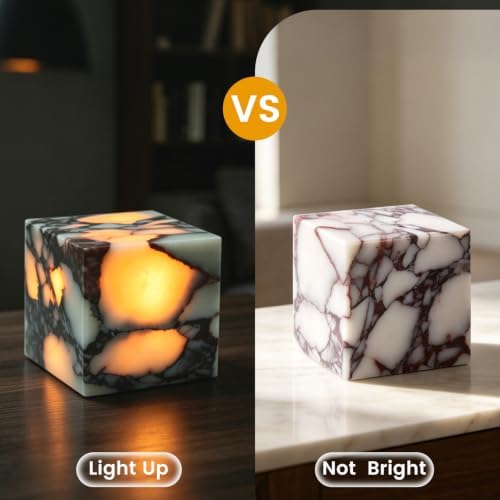 Natural Marble Lamp Cordless Pat Control Night Light Rechargeable Small Marble Table Lamp, Dimming Warm Glow Portable Stone Touch Lamp for Bedroom, Living Room, Decor Gift (Cube-Calacatta Purple)