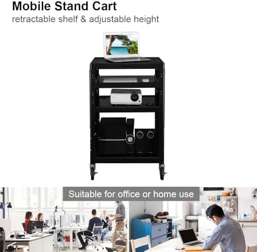 Bonnlo 3-Tiers Rolling AV Presentation Cart with Keyboard Tray, Mobile Computer Utility Media Cart with Adjustable Height Function, Projector Cart on Wheels for School, University and Office Use