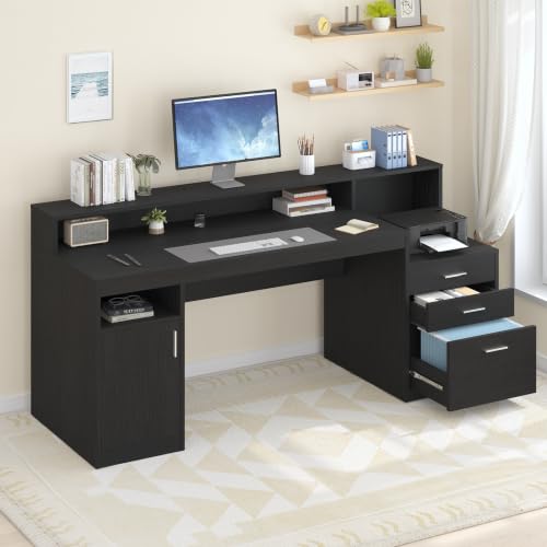 65" Black Computer Desk with 3 Drawers & Printer Shelf for Home Office