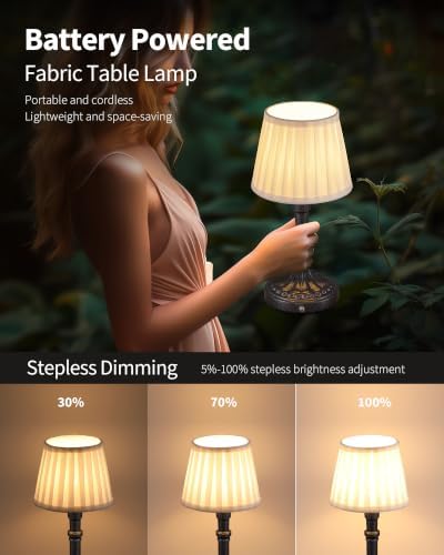 KDG Mottled Silver Cordless Table Lamps Set of 2, Beige Fabric Shade Light