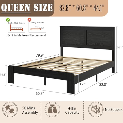 Wooden Bed Frame Queen Size with Headboard, Farmhouse Platform Bed