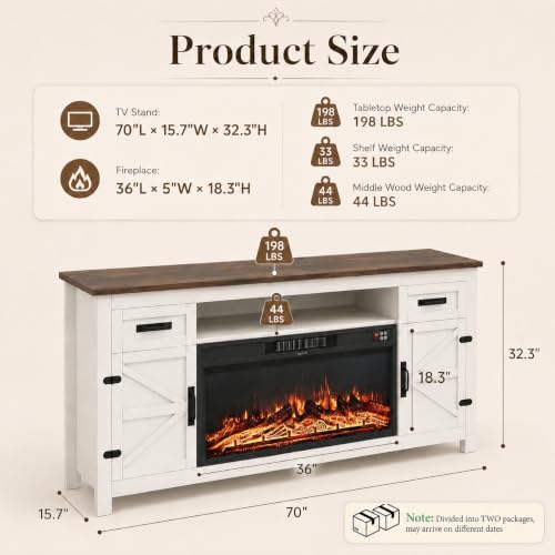 Fireplace TV Stand with Barn Door, 70 inch, White