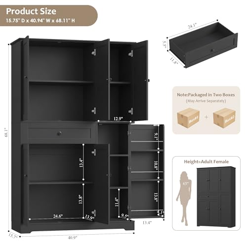 68" Tall Kitchen Pantry Storage Cabinet with Doors & Shelves, Black
