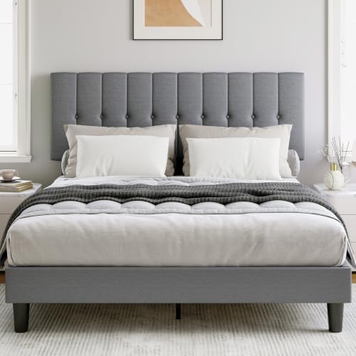 Queen Upholstered Bed Frame with Storage & Headboard, Grey