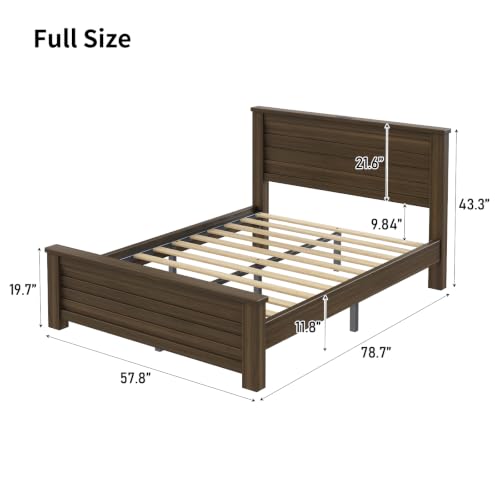 Wooden Platform Full Bed Frame with Charg3 Station, Thick Headboard, Brown