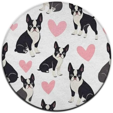Large Home Decor Mat, Soft Round Yoga Carpet, Non Slip Machine Washable Kitchen Office Circle Rug Boston Terrier Bulldog