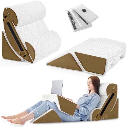 Yojoker 6pcs Orthopedic Bed Wedge Pillow Set for Sleeping, Post Surgery Foam for Body, Back and Leg Pain Relief Comfortable & Adjustable Support Pillows-Anti Snoring, Heartburn, Brown
