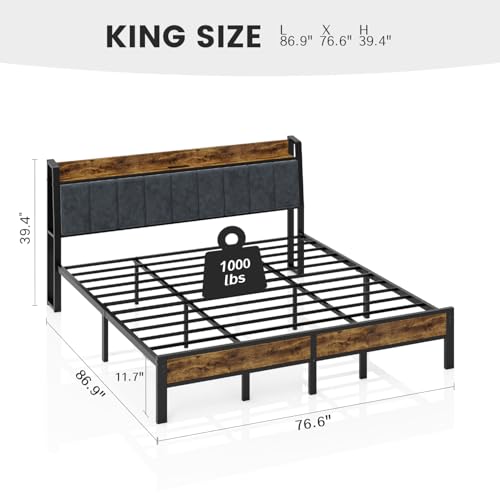 King Size Bed Frame with Charging Station, Storage Headboard