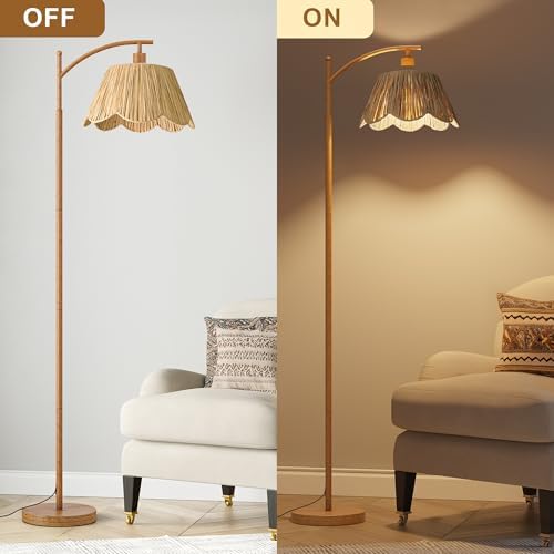 Oneach Rattan Floor Lamp for Bedroom, Boho Floor Lamp with Foot Switch, Farmhouse Standing Lamps for Living Room with Hand-Woven Shade, Walnut Metal Base & Pole