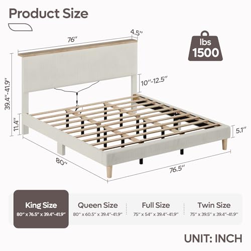 King Bed Frame with Storage Headboard & LED, Upholstered, Beige